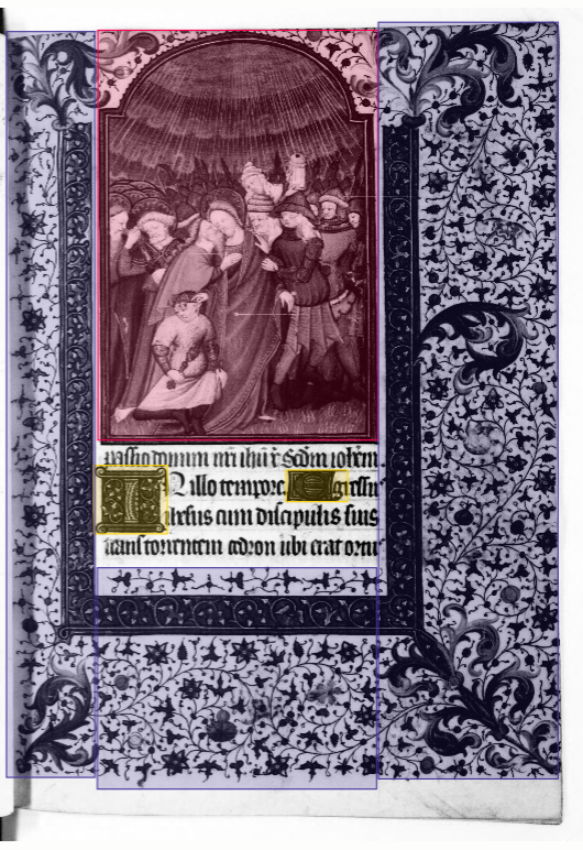 Manuscript with illustration, initial and ornamentation annotated separately