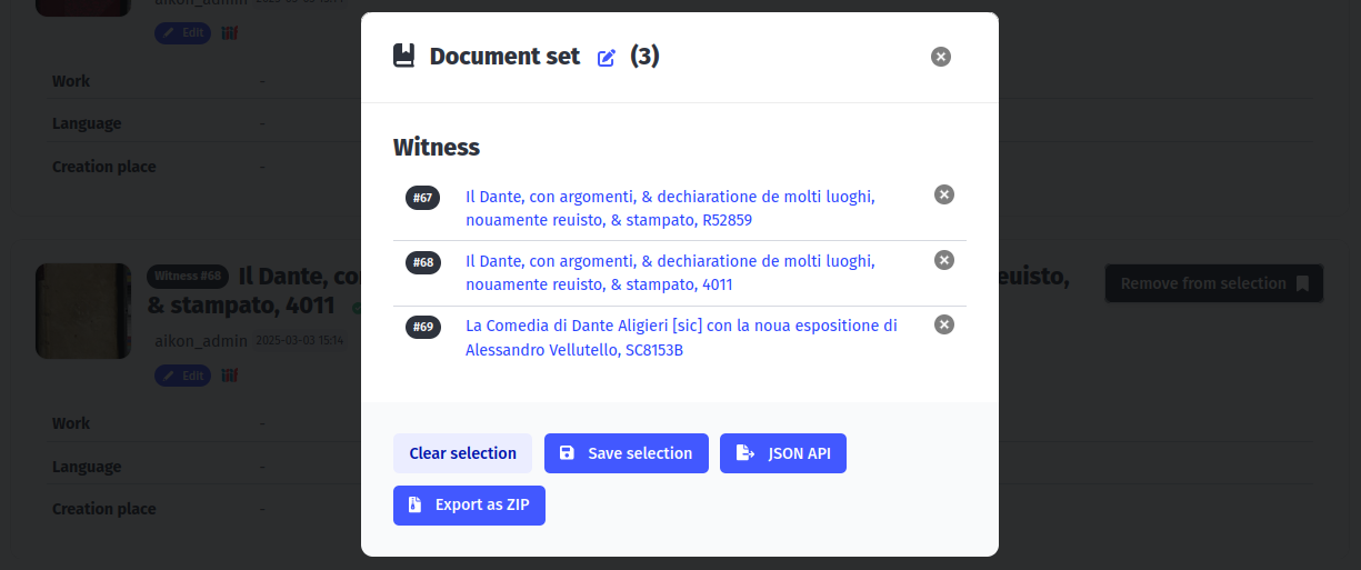 Document set interface screenshot